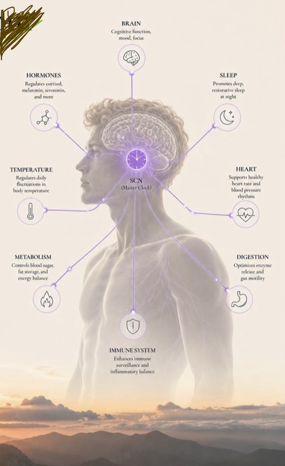 The SCN master clock connects to every major body system — brain, hormones, sleep, temperature, heart, digestion, metabolism, and immune function